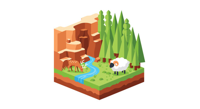 A compact isometric nature diorama depicts a winding blue river flowing between a steep orange canyon and a dense pine forest with grazing wildlife.