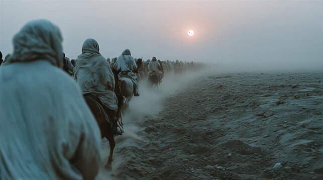 Group of men riding horses in foggy desert at sunrise. Historical nomadic caravan journey across ancient trade route. Epic migration and exploration concept in arid landscape