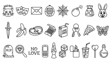 Outline icons kitten masks envelope bomb dice lava lamp pizza butterfly. © NAZMA