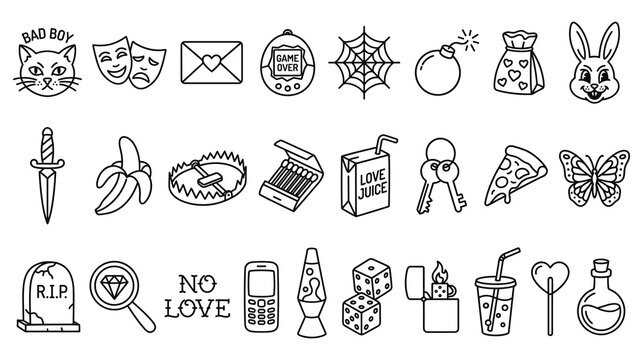 Outline icons kitten masks envelope bomb dice lava lamp pizza butterfly.