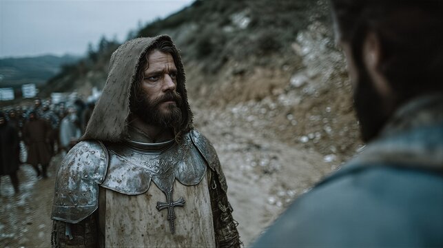 Crusader knight in hooded armor gazing intently on rugged mountain path. Bearded medieval warrior with cross emblem amid marching soldiers. Historical warfare and chivalry concept.