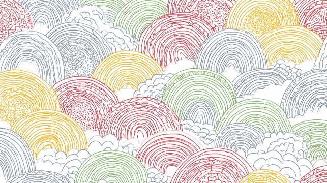 Colorful hand-drawn clouds and arches in a whimsical pattern for cheerful artistic backgrounds