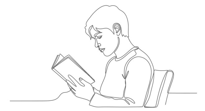 Minimalist line art of a young person engrossed in reading a book, sitting at a desk.