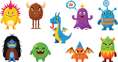 Naklejka premium Cartoon Monster Character Set with Funny and Scary Fantasy Creatures, Dragon, Alien, and Cute Mascots for Kids Design, Games, and Vector Illustration Collection.