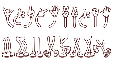 Cartoon character gloved hands and legs set with various gesture poses. © NAZMA