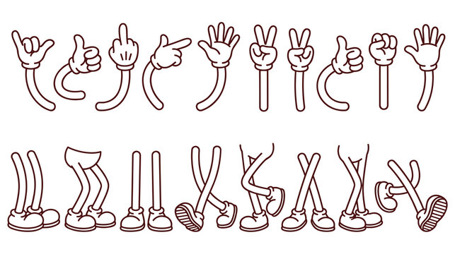 Cartoon character gloved hands and legs set with various gesture poses.