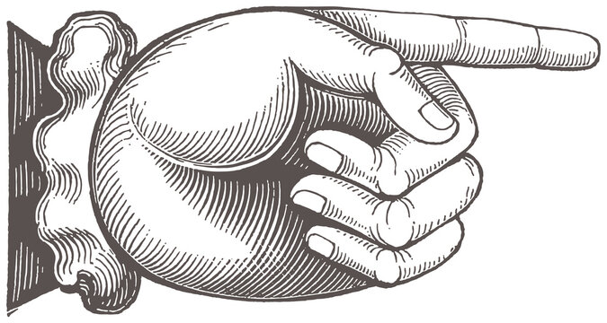 Vintage Engraved Pointing Hand Illustration &ndash; Ornate Puffy Finger Pointer &ndash; Antique Woodcut Style Hand Gesture PNG
