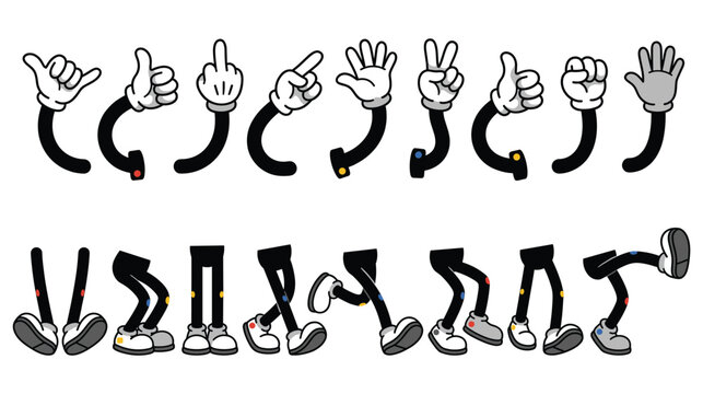 Cartoon character parts vector set with hands and legs isolated on white.
