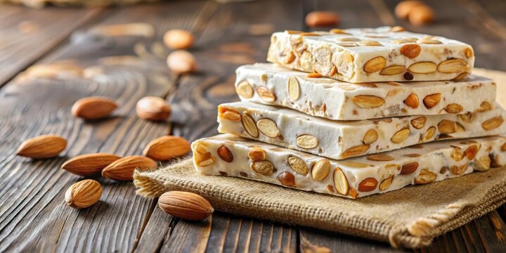 Crunchy torrone nougat with whole roasted almonds on a rustic wooden surface