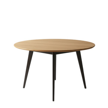 Modern round dining table with light wood top and black legs isolated on transparent background