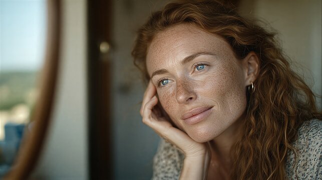 Woman with red curly hair and freckles resting chin on hand. Thoughtful portrait by window with outdoor view. Natural beauty introspection and relaxation concept