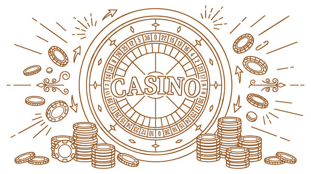 Gambling industry line art banner with roulette wheel and poker coin.
