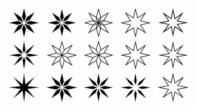A collection of twelve distinct starburst shapes are arranged in a grid featuring both filled black and outlined white designs high quality professional detailed modern elegant