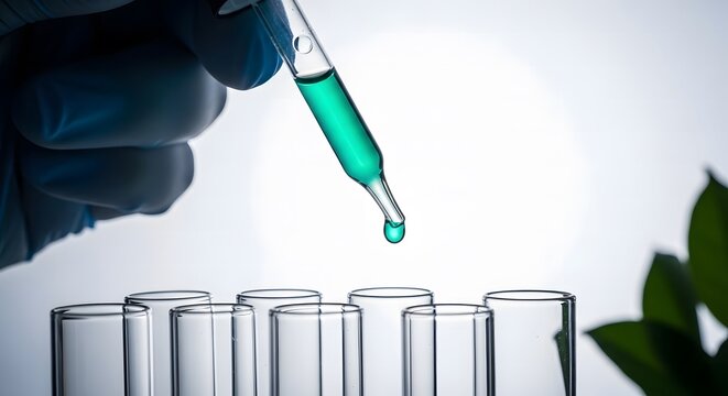 Close up of laboratory scientist using pipette to drop green chemical liquid into transparent glass test tubes.