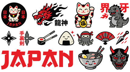Japan culture vector sticker set with dragon cat and ramen bowl art. © NAZMA
