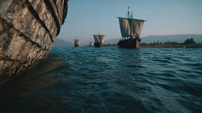 Closeup view of wooden sailing ship hull in foreground with fleet of ancient vessels on calm water. Scenic voyage imagery for heritage storytelling and travel inspiration.