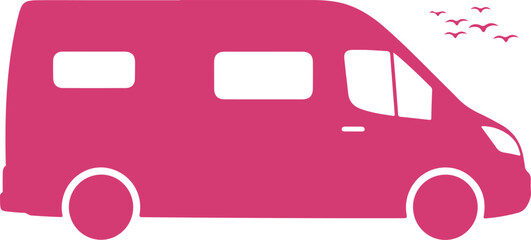 Bright pink passenger van illustration with birds flying above isolated on transparent background © Marium