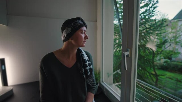 Adult woman wearing headscarf sitting by open window looking outside at greenery, reflective moment during cancer journey, quiet contemplation, resilience and strength at home