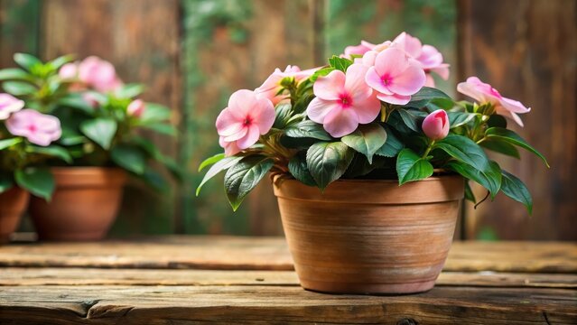 Pale pink impatiens flowers blooming in a small terracotta pot with green foliage on a rustic wooden table