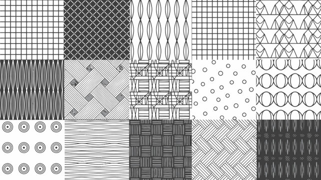 A grid of nine black and white patterns showcases diverse linear designs including checks stripes weaves and organic shapes high quality professional detailed modern elegant stylish