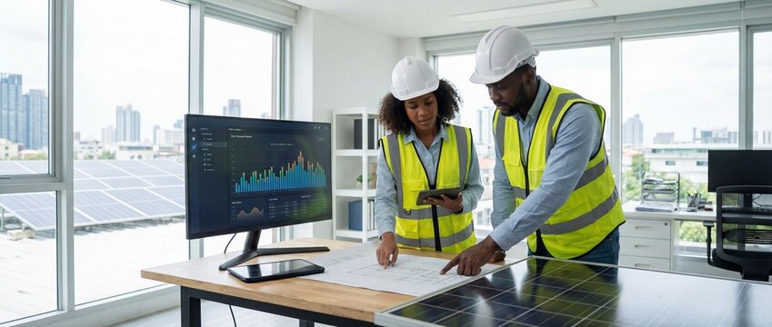 Two engineers meticulously analyze blueprints, a computer screen displays charts and figures, with solar panels visible in the background, signifying sustainability and innovative design.