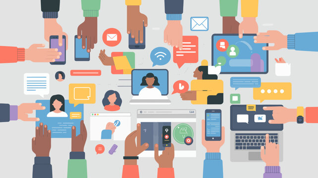A diverse group of hands interacts with various digital devices and social media interfaces representing modern connectivity high quality professional detailed elegant stylish clean crisp vibrant
