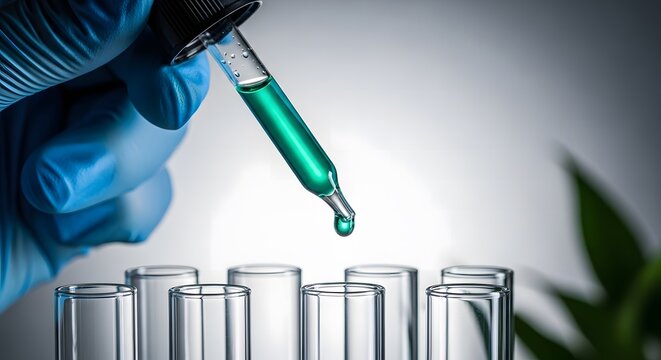 Close up of a gloved hand using a pipette to drop green liquid into laboratory test tubes for scientific research.