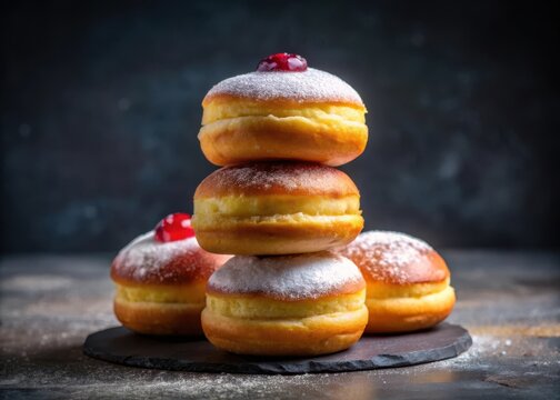 Colorful sufganiyot donuts stacked on top of each other with a sweet jelly filling on a dark background