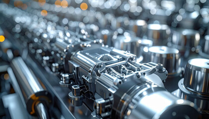 Naklejka premium Industrial machine component, metal engine, close up, steel part, mechanical assembly