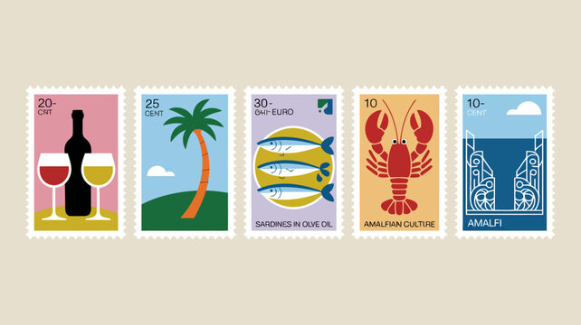 A collection of five postage stamps each featuring a vibrant illustration representing different aspects of mediterranean life and culture high quality professional detailed modern elegant stylish