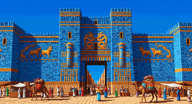 Ancient Ishtar Gate of Babylon in Mesopotamia Art Pixel Style
