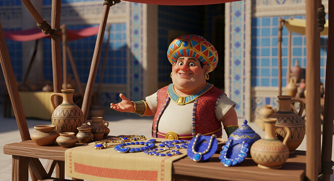 Cheerful merchant selling mesopotamia art in an ancient bazaar