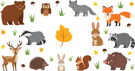Fototapeta premium Cute Forest Animals Collection with Bear, Fox, Wolf, Raccoon, Deer, Hedgehog, and Woodland Elements for Kids Design and Vector Illustration Set.
