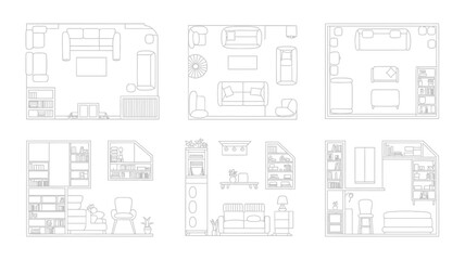 A minimalist architectural plan displays top down views of various room layouts including living rooms bedrooms and storage spaces high quality professional detailed modern elegant stylish © Digishopppp