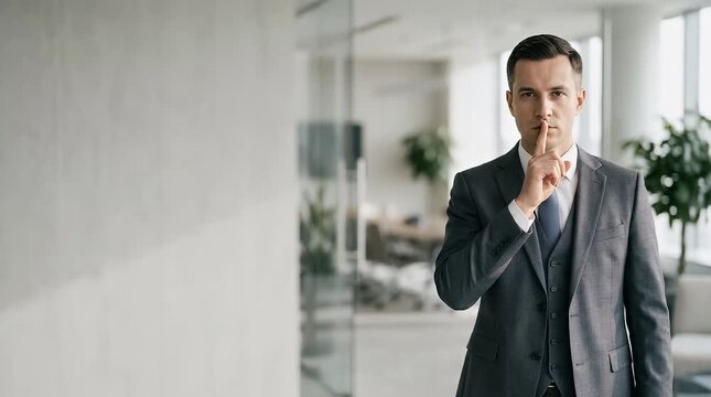 The scene opens in a sleek, modern office with soft bokeh background elements, showcasing a well-dressed businessman conveying a gesture for silence. As the camera starts to push in gently, the busine