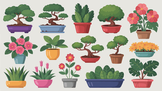 A vibrant collection of potted bonsai trees and colorful flowering plants are arranged on a neutral light colored background high quality professional detailed modern elegant stylish
