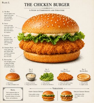  Hamburguesa de pollo crujiente con lechuga y pan con ingredientes explicados en estilo plano,  

