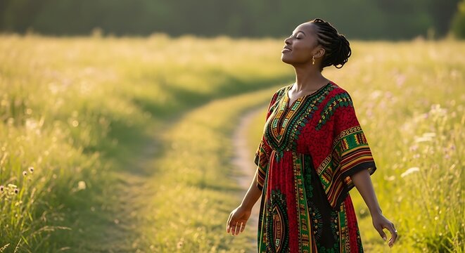 Embracing the golden hour, an African American woman finds serene peace and cultural pride in a vibrant, sunlit natural landscape.