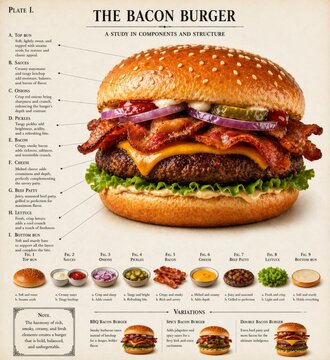  Hamburguesa con bacon, queso y carne con esquema detallado en estilo plano,  