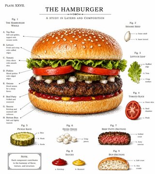  Hamburguesa cl&aacute;sica con ingredientes explicados en estilo plano, ilustraci&oacute;n vectorial.
