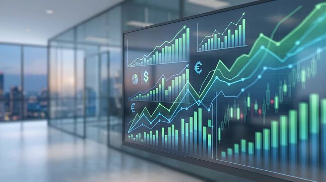 A sleek, modern office environment with glass walls and a city skyline visible in the background. The video begins with a stable shot of a high-tech display showcasing animated financial charts and gr