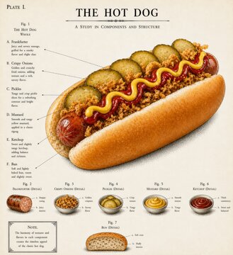  Hot dog con salchicha y salsas mostrando componentes en estilo plano, ilustraci&oacute;n vectorial.
