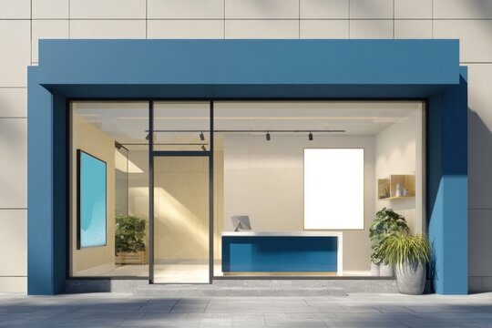 Modern storefront with blue accents.