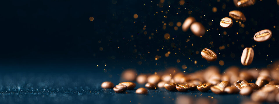Roasted coffee beans falling on a dark blue surface with golden bokeh. Aromatic coffee concept with copy space for text. Panoramic banner