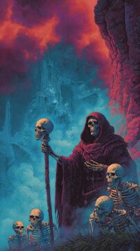 Eerie skeletons in mystical landscape mobile wallpaper