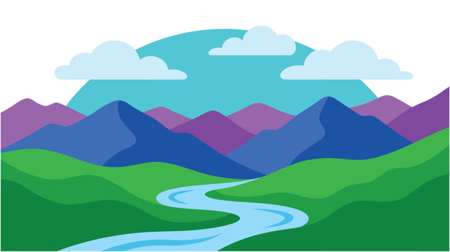 Mountain valley landscape with river clouds and blue sky vibrant colors.