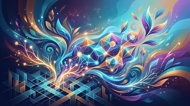 The scene opens in a dimly lit environment, showcasing a dark blue background with faint digital circuit patterns glowing softly. Digital particles gently drift in from the edges, coalescing into holo