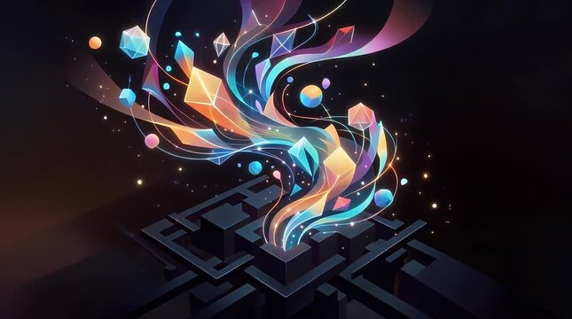 The scene opens in a dimly lit, abstract digital environment with dynamic light patterns and vibrant colors creating a visually striking backdrop. Gradually, luminous geometric shapes and particles dr