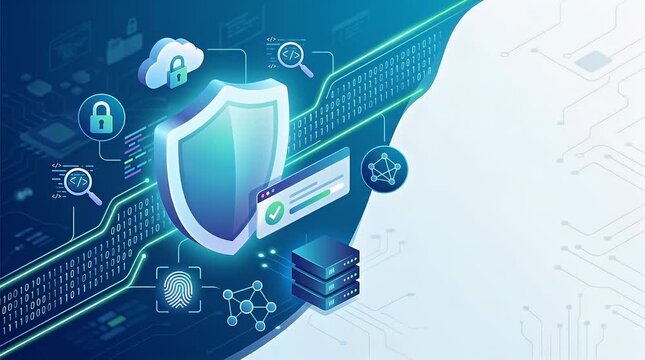 The scene opens in a dimly lit digital environment, featuring a faint ambient glow with binary code subtly visible in the background. A glowing cybersecurity shield icon drifts in slowly, assembling f
