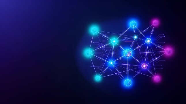In a softly illuminated environment, a vibrant network of glowing geometric shapes and digital connections begins to materialize. Digital particles drift in as the holographic icons assemble and solid